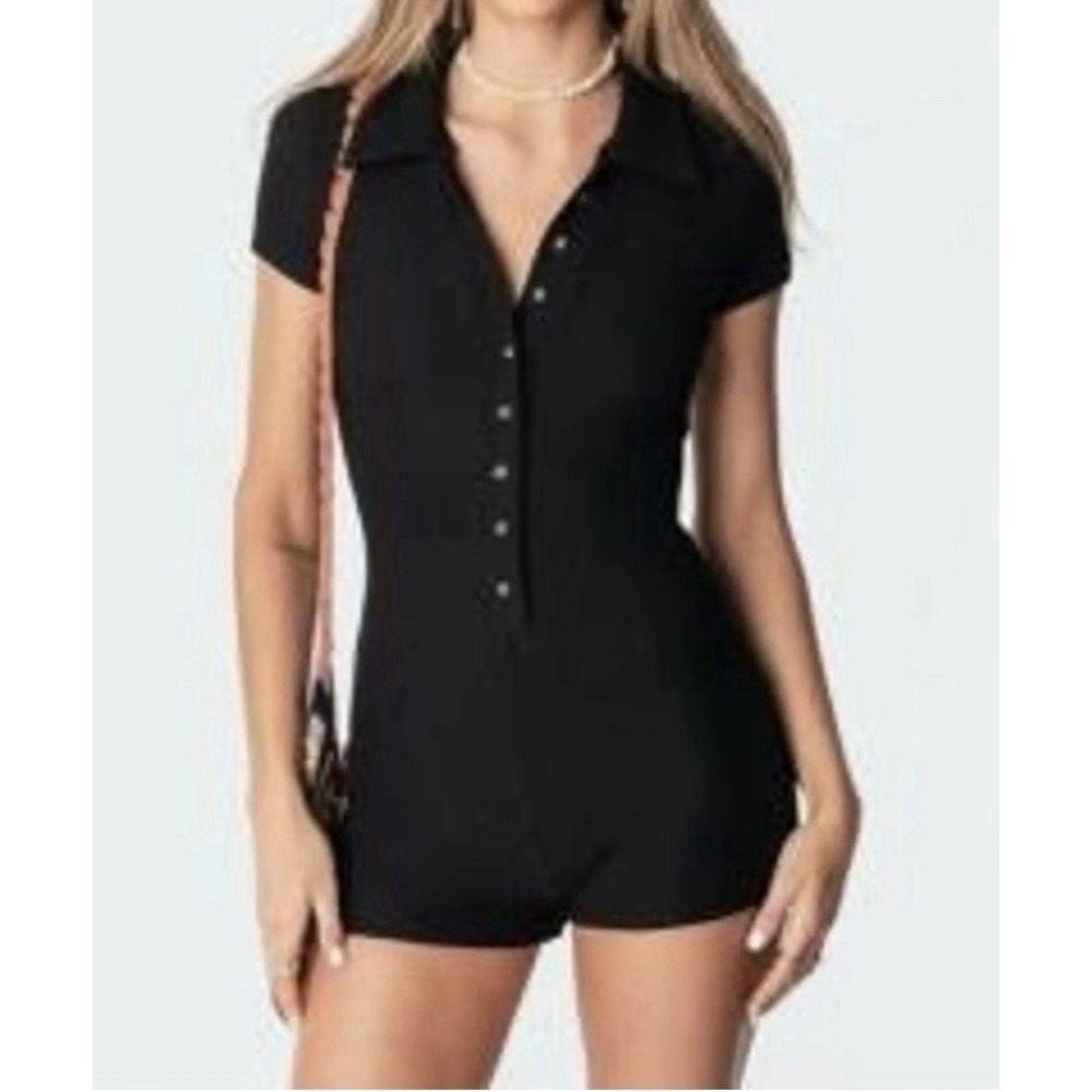 Oak +‎ Fort Black Fitted Polo Romper Short Sleeve Preppy Sporty Athleisure